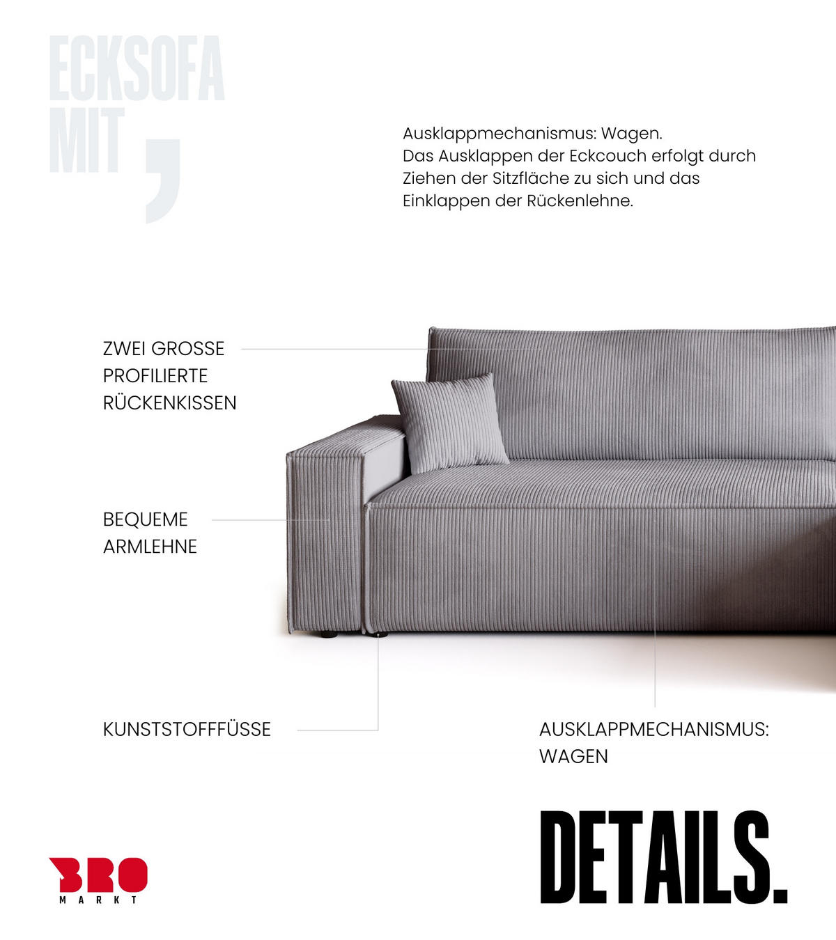 ECKSOFA ADI XL mit Schlaffunktion Hellgrau Cord - Hellgrau, Textil (272/143cm) - Bromarkt