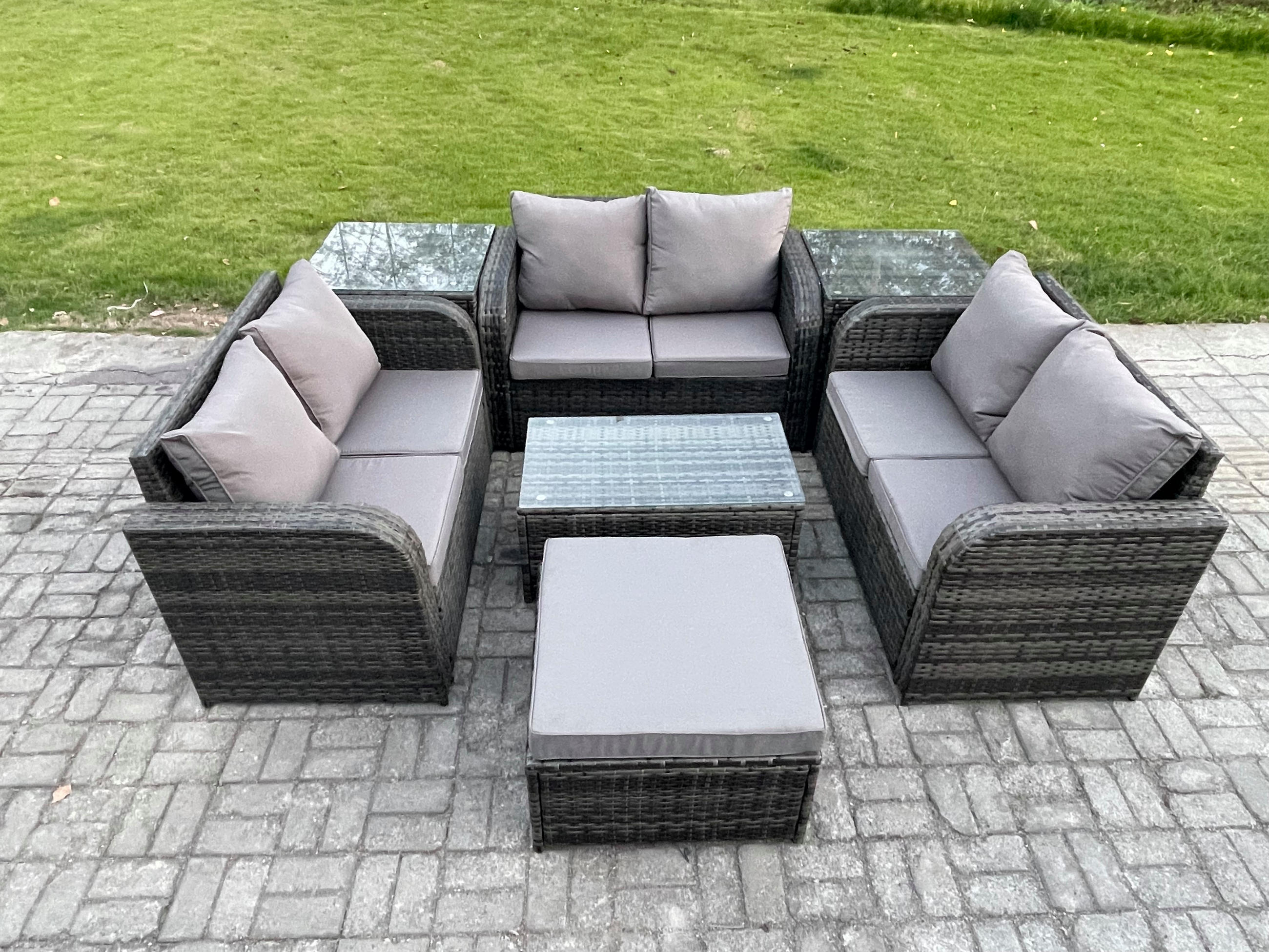GARTENMÖBELGARNITUR mit KISSEN Polyrattan Dunkelgrau 7-Sitzer - Dunkelgrau/Grau, Glas/Kunststoff - Fimous