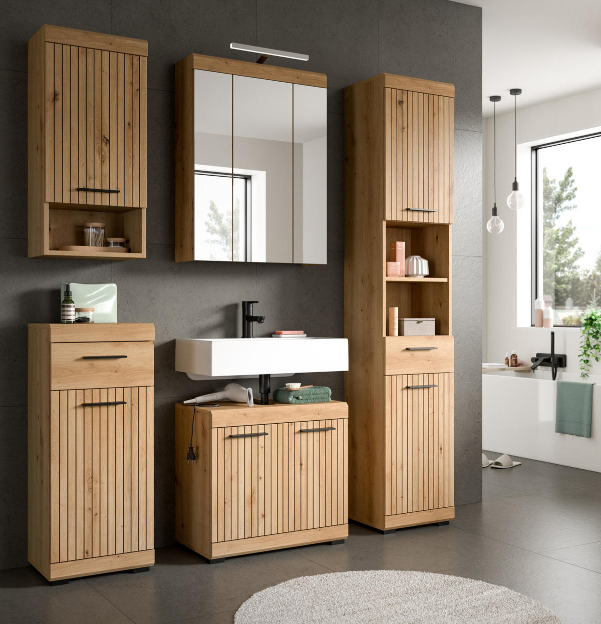 BADMÖBEL-SET Eiche Artisan Set 2-teilig 60 x 191 cm, Badkombination modernes Design - Schwarz/Eiche Artisan, Glas/Holzwerkstoff (60/191/34cm) - Inn.Furn