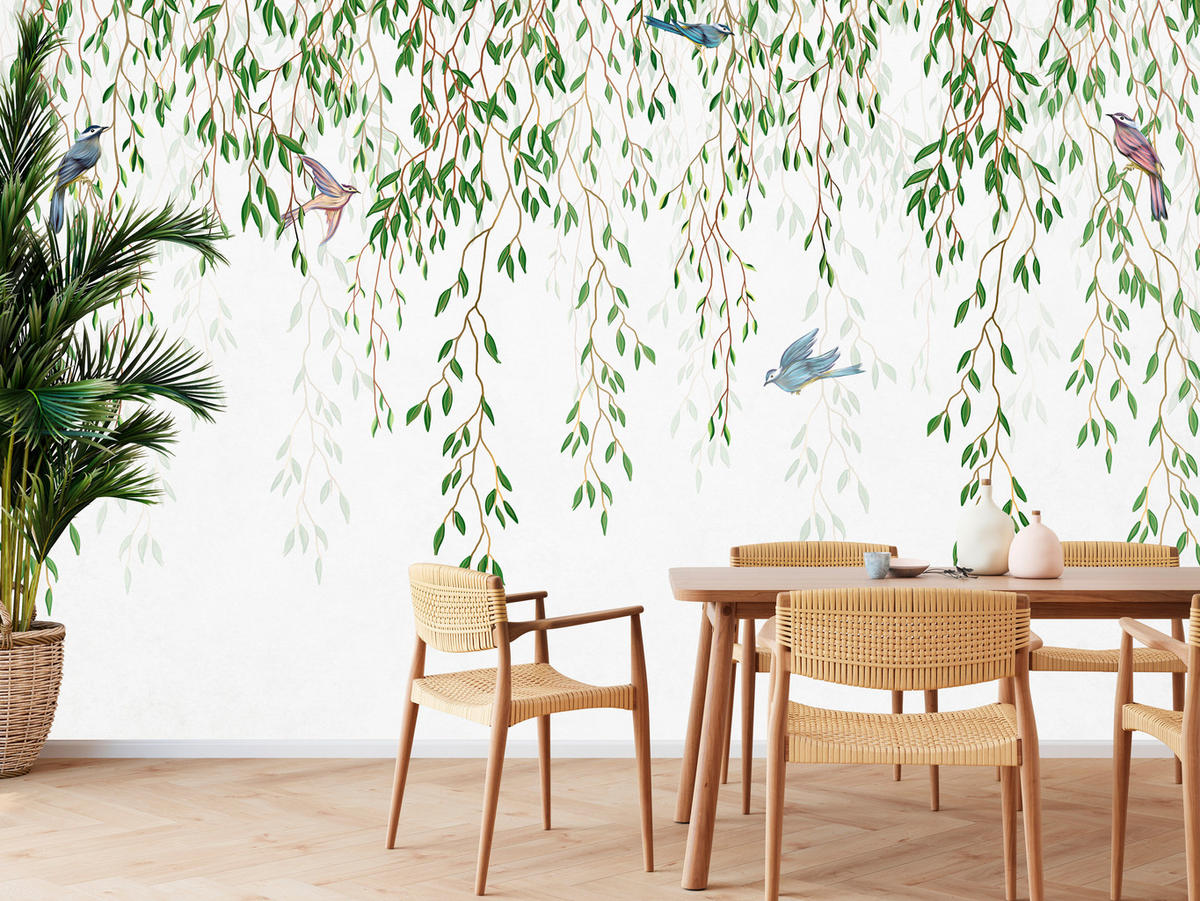 FOTOTAPETA Pre Spálňu Smútočná Vŕba Konáre Vtáky Jar Listy 450 x 315 cm - hnedá/modrá, papier (450/315cm) - Muralo