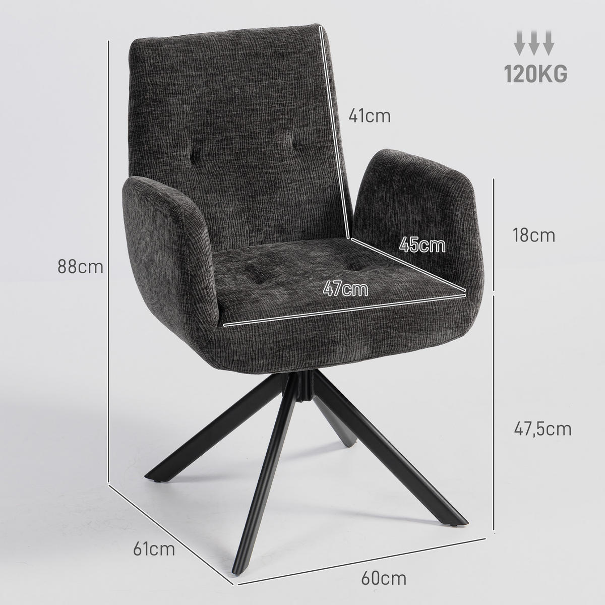 SESSEL Drehbar Loungesessel mit Armlehne Wolle-Leinenoptik Schwarz - Schwarz, Textil/Metall (61/88/60cm) - HOMCOM