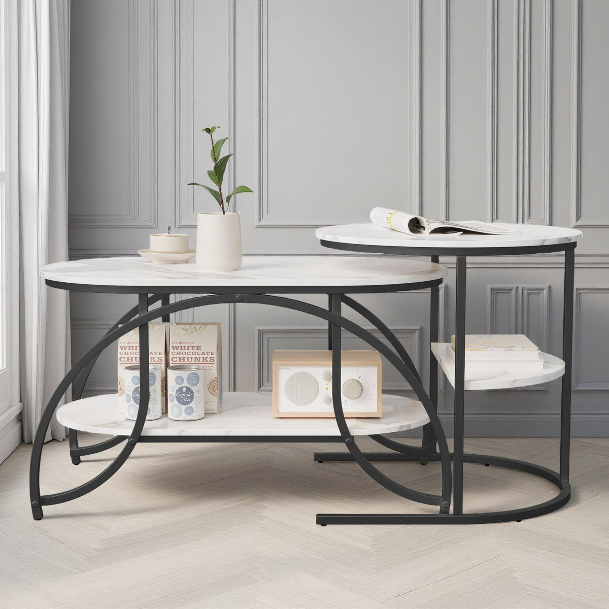 COUCHTISCH 2er Set Oval Rund Marmor Optik - Schwarz, Metall (80/46/51cm) - SHOPENTRA