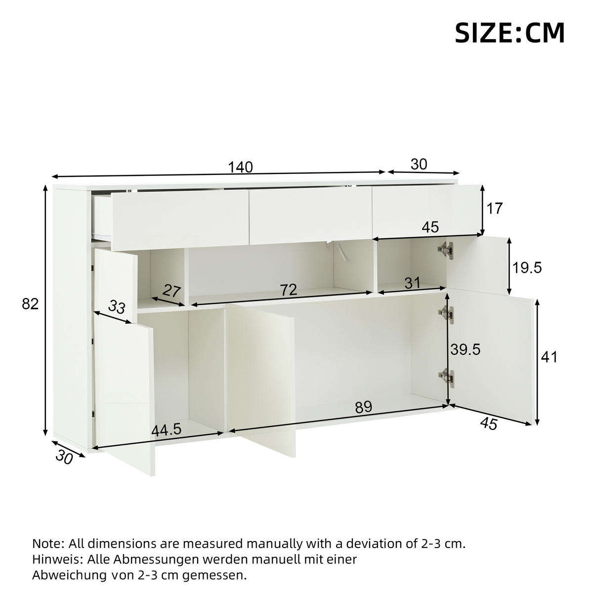 SIDEBOARD Weiß 140/30/82 cm - Weiß, Holzwerkstoff (140/82/30cm) - PANGIVO