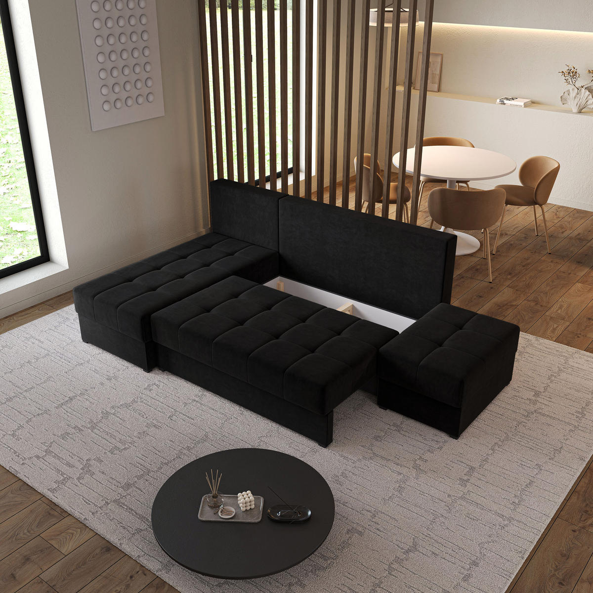 ECKSOFA NORVI Schwarz Plüsch-Stoff mit Schlaffunktion - Schwarz, Holz (251/143cm) - MASSENO