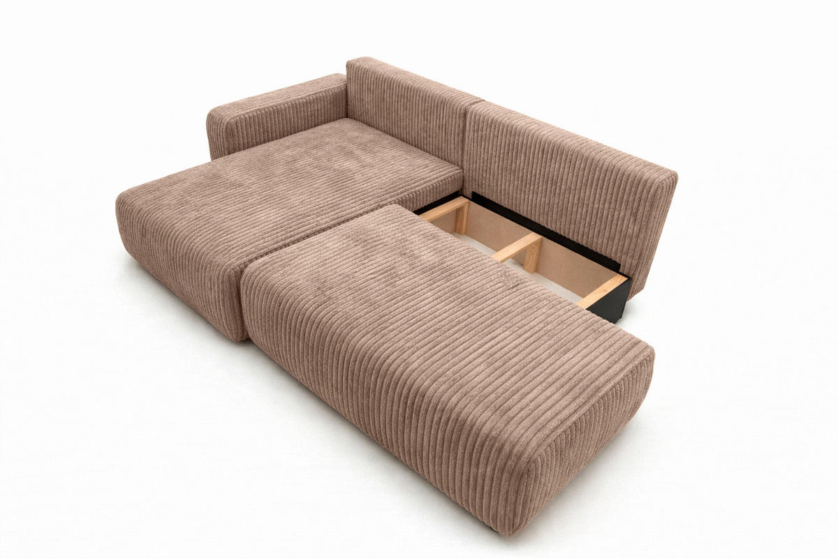 ECKSOFA Mit Schlaffunktion Und Bettkasten, Cordstoff Tilia, Braun, Links, OPEN XL - Braun, Holz (262/145cm) - Kaiser Möbel