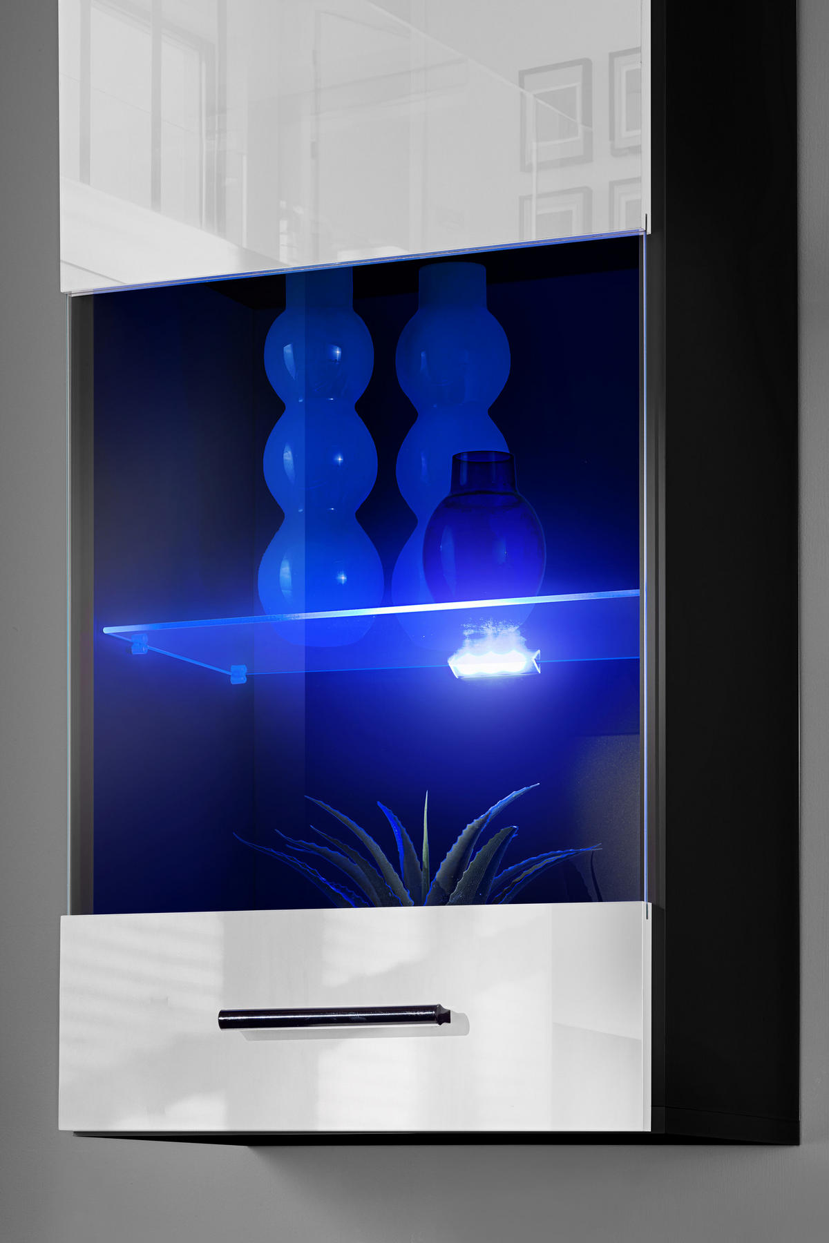 WOHNZIMMERSET VARALLO, 6er-Set, Schwarz, Front Hochglanz Weiß , LED Blau - Schwarz/Weiß, Glas/Holzwerkstoff (200/190/45cm) - Komodee