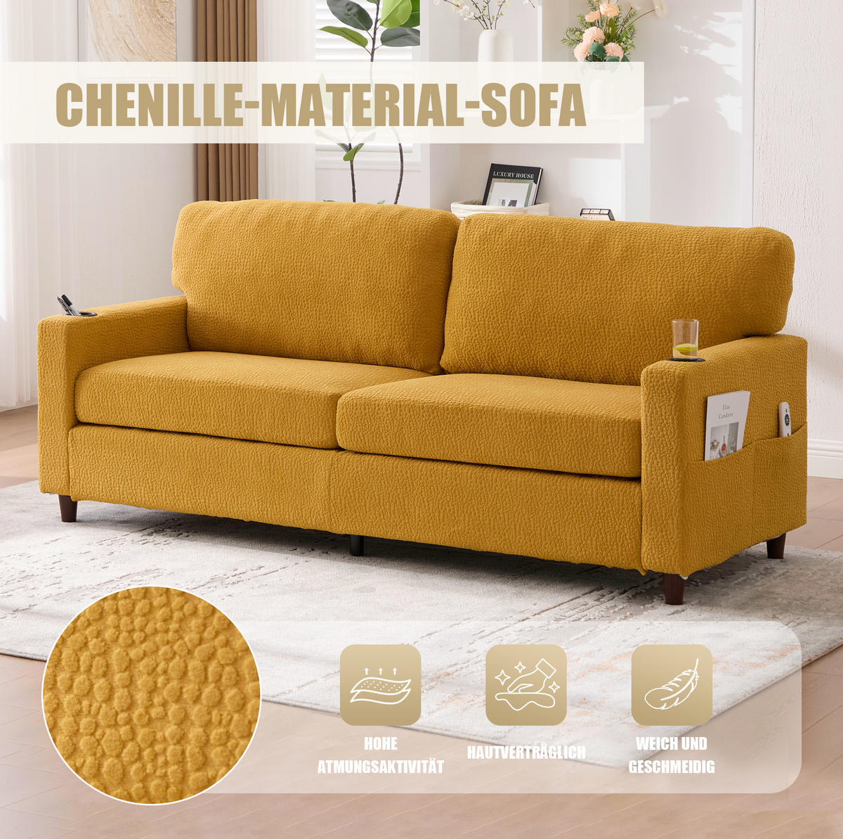 POHOVKA 2-miestna, 203/77,5/86 cm, chenille horčicovožltá, s USB-C, LED a držiakmi nápojov - žltá, textil (77.5/86/203cm) - BEAOK