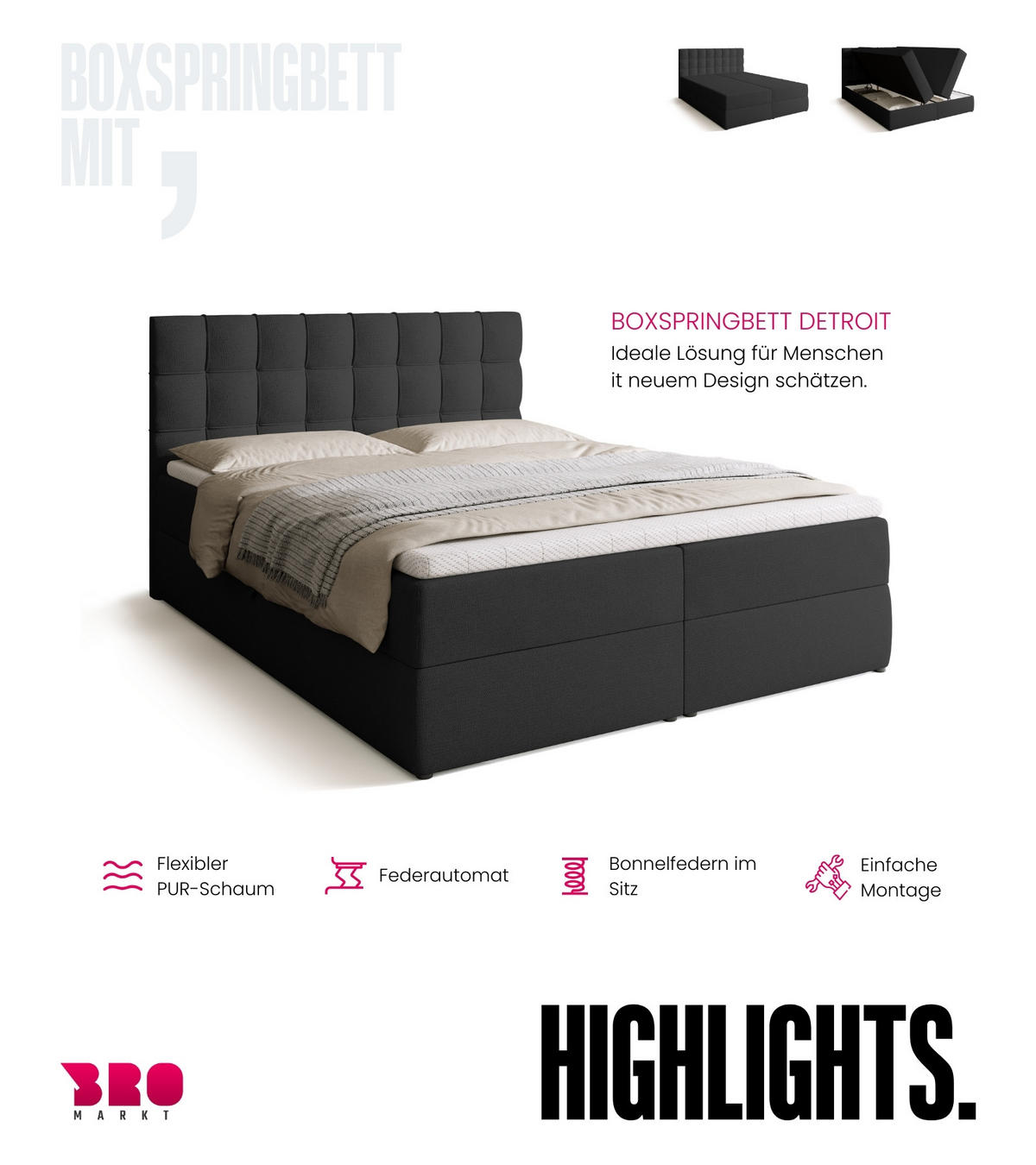 BOXBETT Detroit mit Topper 160/200 Anthrazit - Anthrazit, Holzwerkstoff/Textil (160/200cm) - Bromarkt