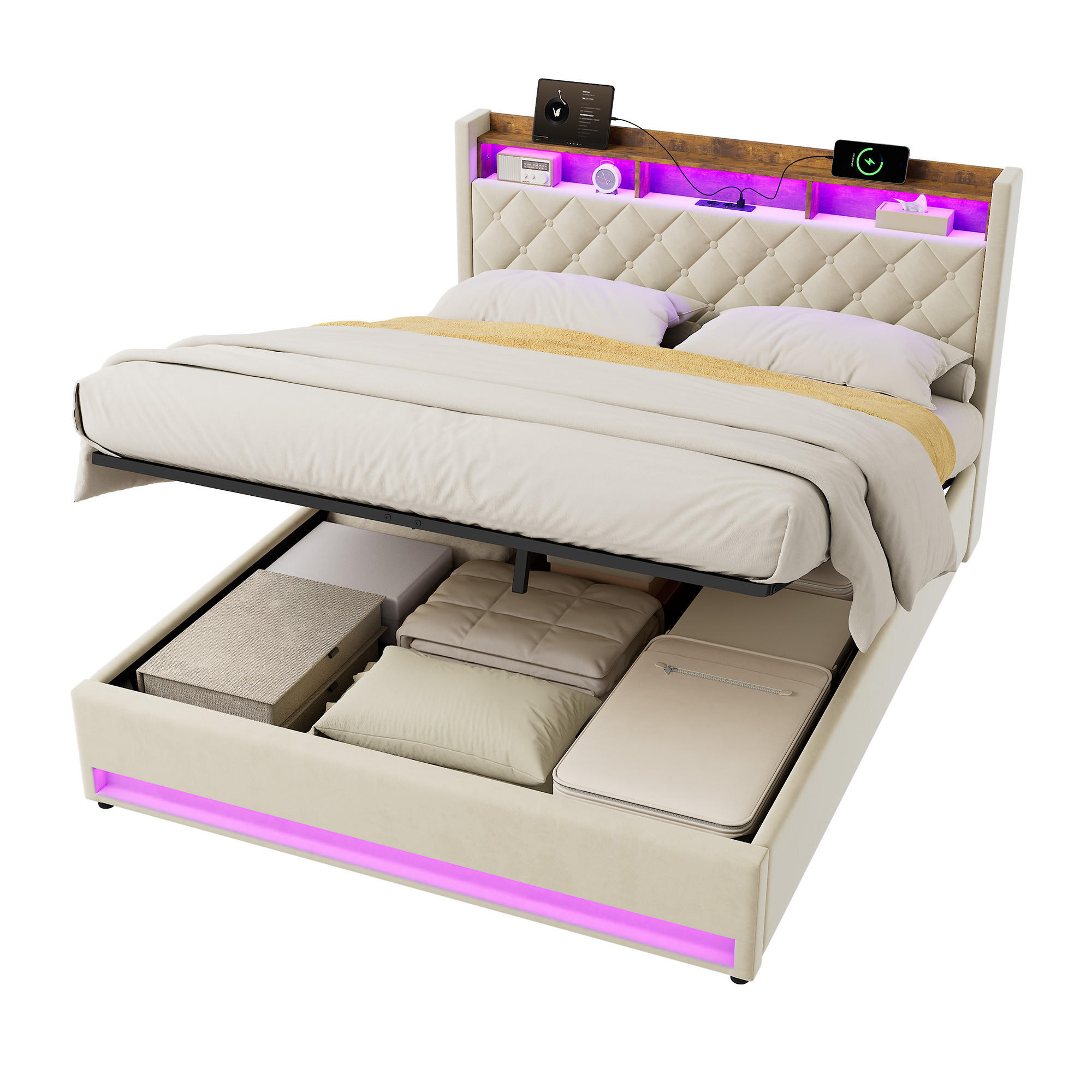 POLSTERBETT 160x200cm mit LED-Beleuchtung,Doppelbett mit Bettkasten,Beige - Beige, Holzwerkstoff/Textil (160/200cm) - EVRYAE