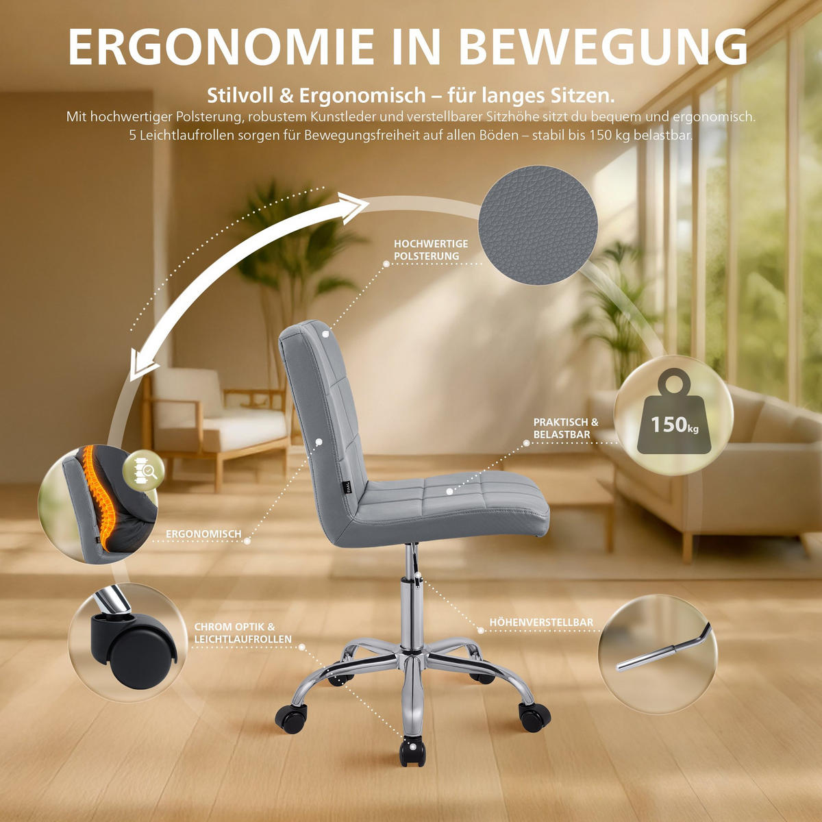 DREHSTUHL Lederlook Grau - Chromfarben/Grau, Textil/Metall (47/93/56cm) - CLP