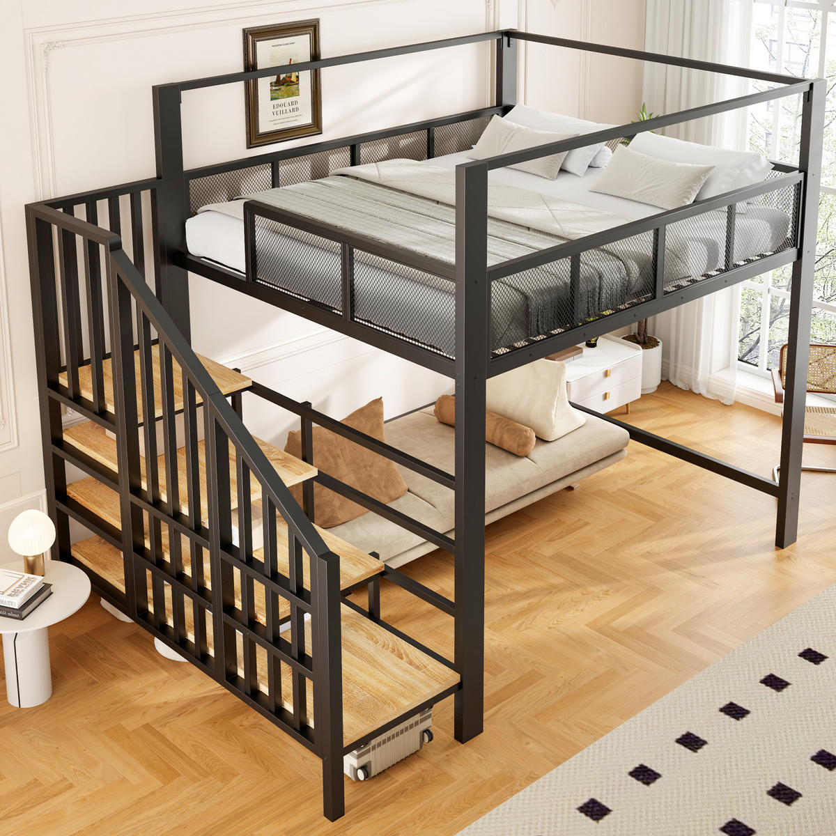 HOCHBETT Schwarz 140×200cm mit Baldachin, Stauraumtreppe und freier Arbeitsfläche unter dem Bett - Schwarz, Metall (140/200cm) - Luhomfu