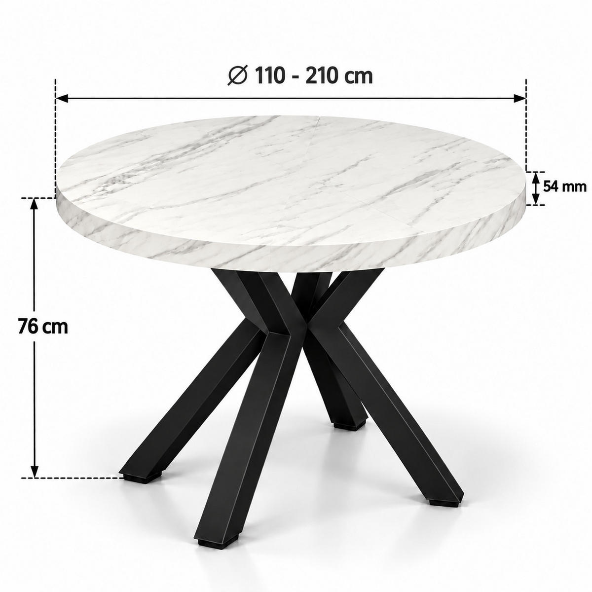 ESSTISCH rund ausziehbar 110/210/76 cm, Marmor, 54 cm Tischplatte + X Metallbeine Schwarz - Hellgrau/Schwarz, Holzwerkstoff/Metall (110/210/76cm) - Damale Möbel