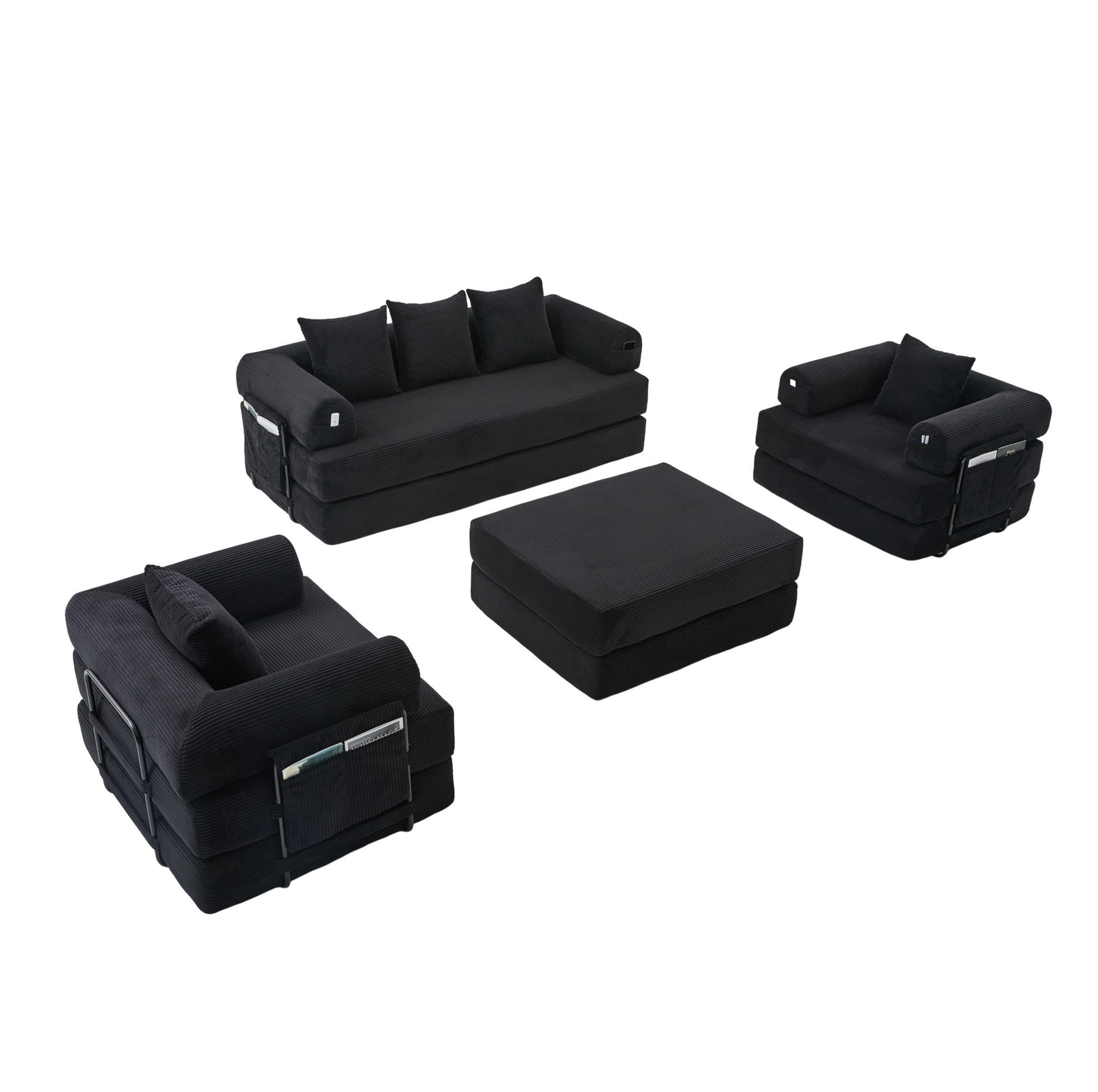 SOFA modular mit Hocker 200 x 94 x 67 cm Cord Black - Schwarz, Kunststoff (190/67/312cm) - Meubliv