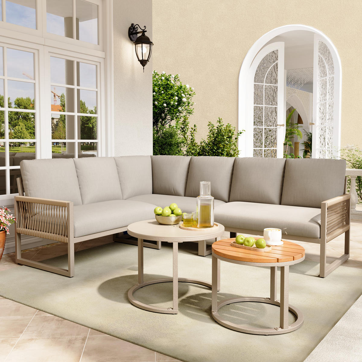 LOUNGESET 6-7 Personen Beige Eck Mit Verstellbaren Füßen - Beige, Metall - FLIEKS