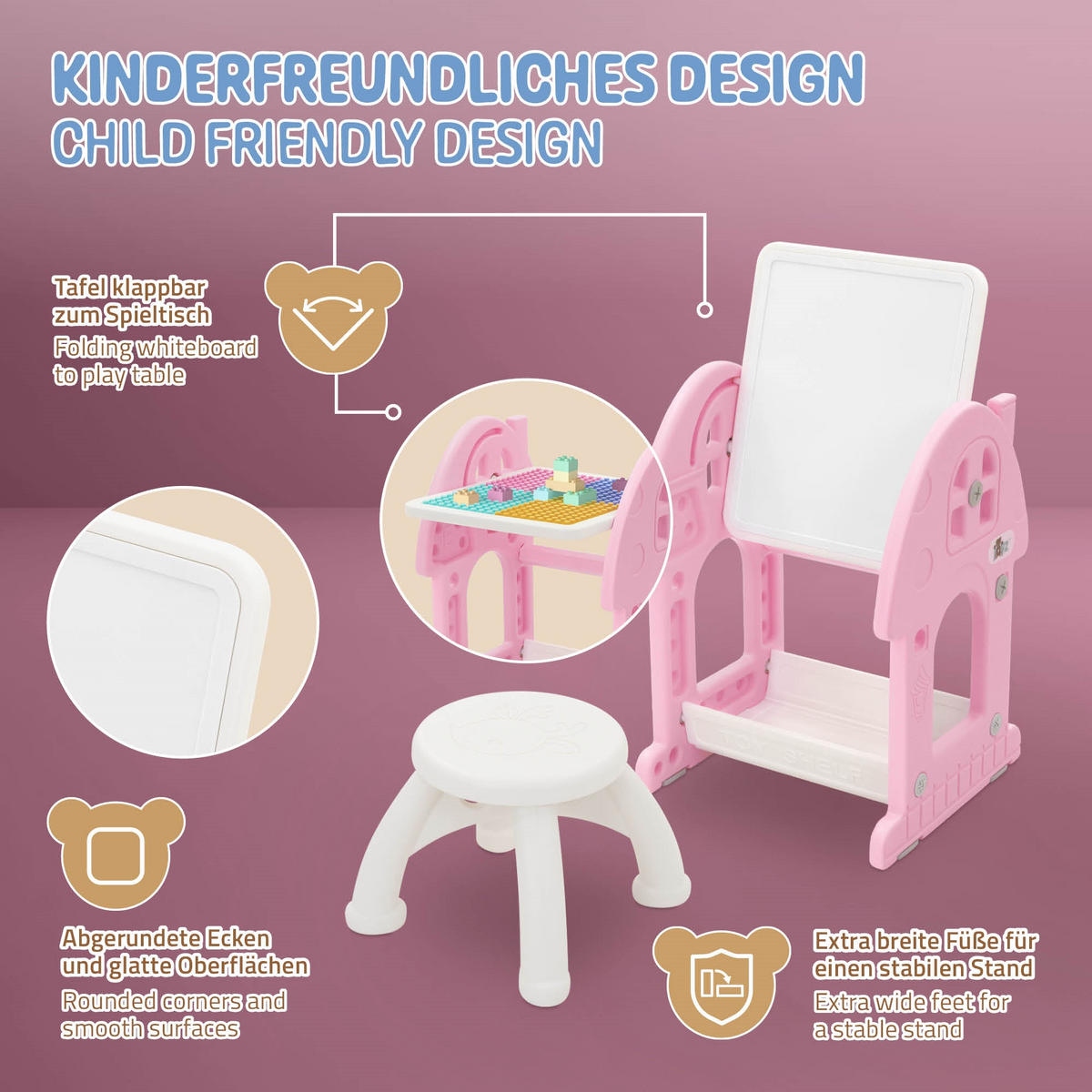 KINDERSPIELTISCH 2in1 mit Hocker Rosa-Weiß - Pink, Kunststoff (39/71/37.5cm) - Joyz