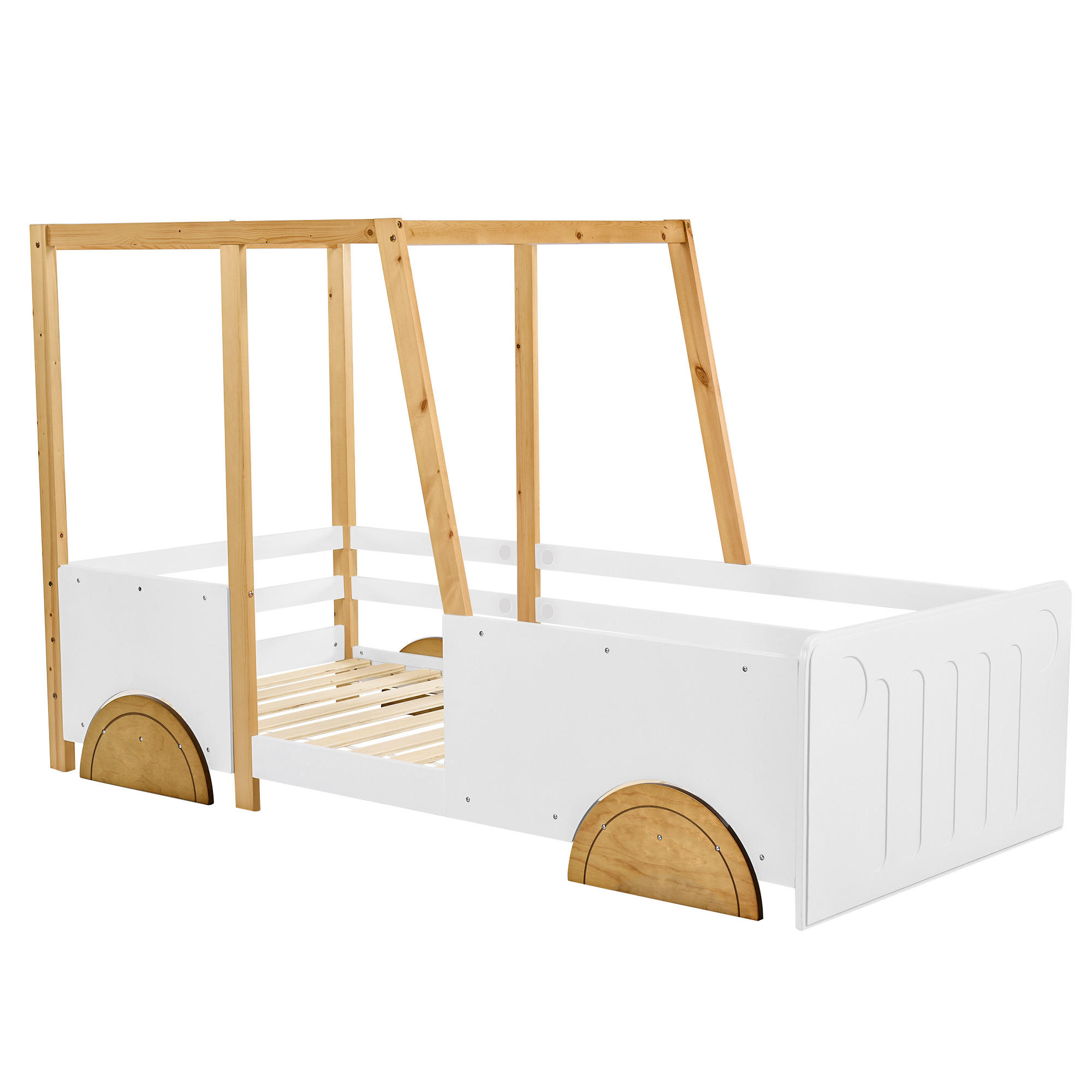 KINDERBETT 90/200 cm in Weiß & Natur mit Rädern und Schutzzaun - Weiß/Naturfarben, Holz/Holzwerkstoff (90/200cm) - WISHDOR