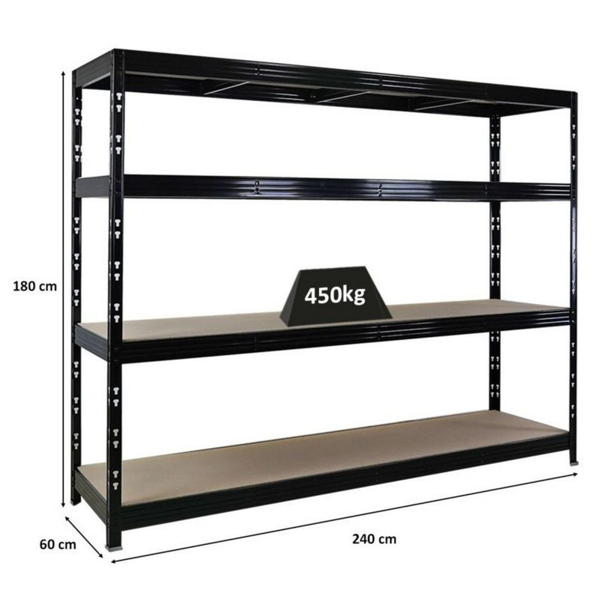 SCHWERLASTREGAL Rhino 180x240x60cm, 4 Spanplatten-Ebenen 8mm, Fachlast 450kg, Schwarz - Schwarz, Metall (240/180/60cm) - PROREGAL