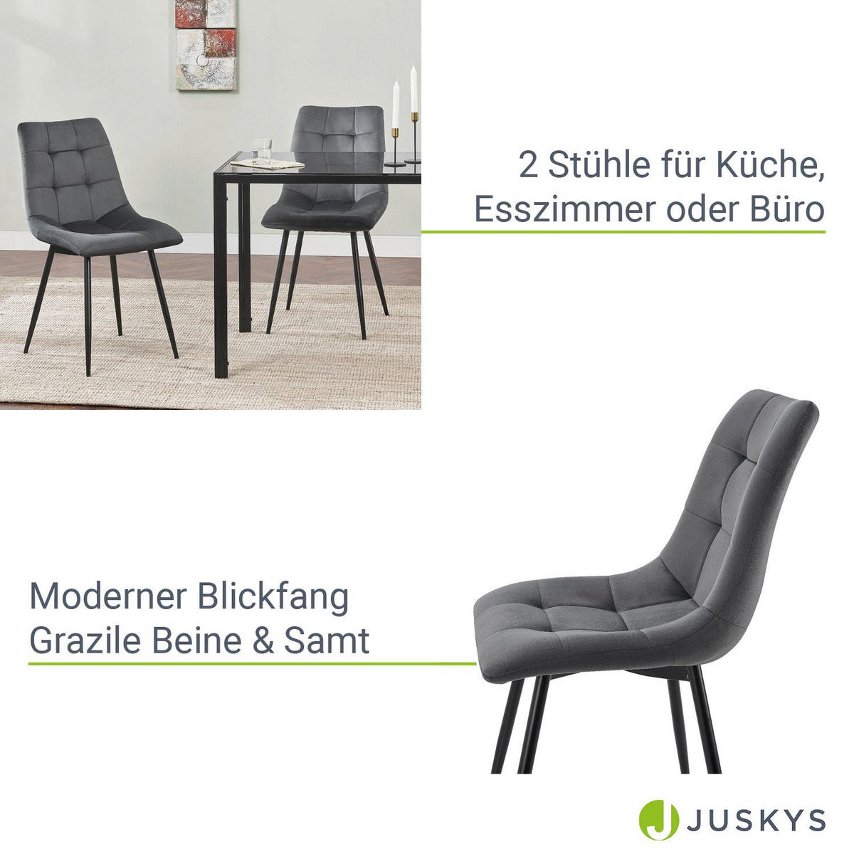 ESSZIMMERSTUHL Blanca Samt dunkelgrau (2er Set) - Dunkelgrau, Textil (46/90/61cm) - Juskys