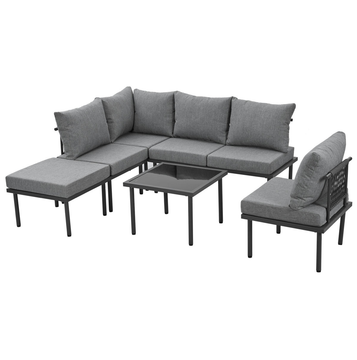 GARTEN-LOUNGE-SET 6-teilig mit verstellbaren Füßen, abnehmbaren Bezügen und Glastischplatte, Grau - Grau, Metall - Redom