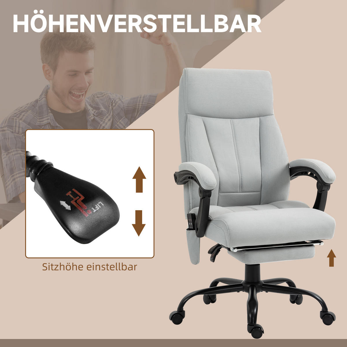 BÜROSTUHL mit Vibrationsmassage, Ergonomisch Schreibtischstuhl mit Liegefunktion - Hellgrau, Kunststoff (74/119/65cm) - Vinsetto