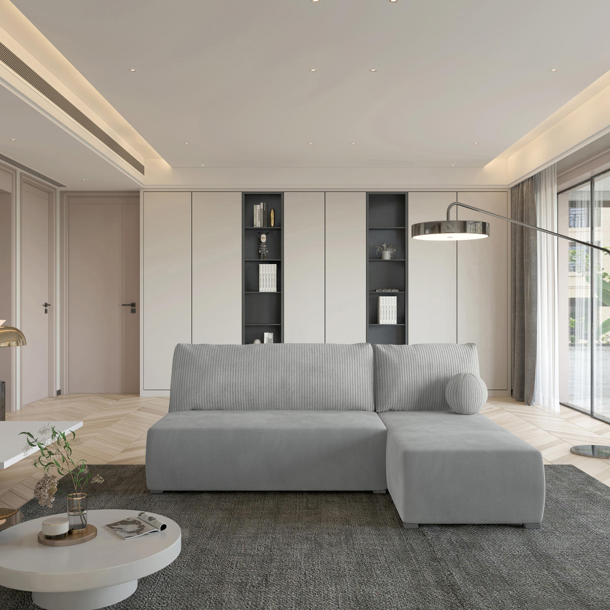 ECKSOFA PARVELO Hellgrau Plüsch-Stoff mit Schlaffunktion - Hellgrau, Holz (200/143cm) - MASSENO