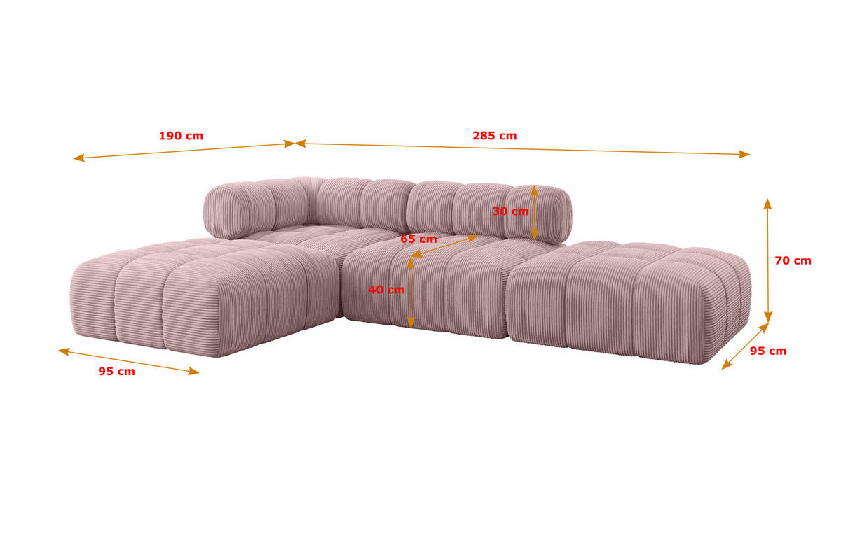 ECKSOFA modulares Sofa Kerru-L1 - 285x190x70 cm Rosa Cord - Rosa, Holzwerkstoff/Textil (285/190cm) - ALTDECOR
