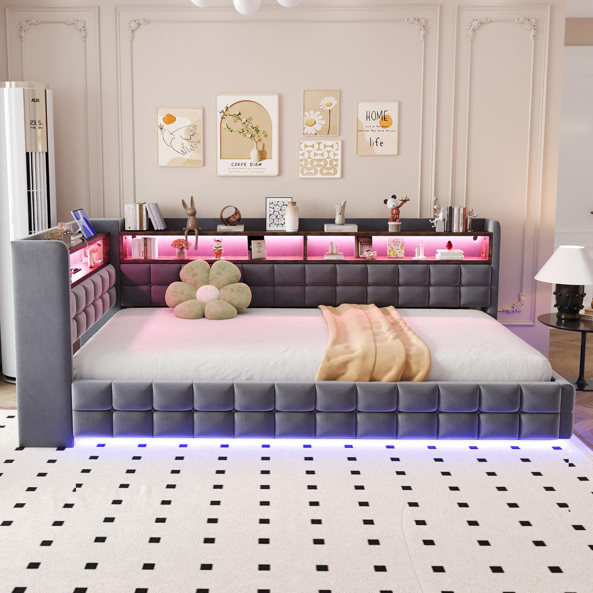 SCHLAFSOFA 90/200 cm in Grau Samt mit Bettkasten, Regal, LED und USB - Dunkelgrau, Holzwerkstoff/Textil (90/200cm) - WISHDOR