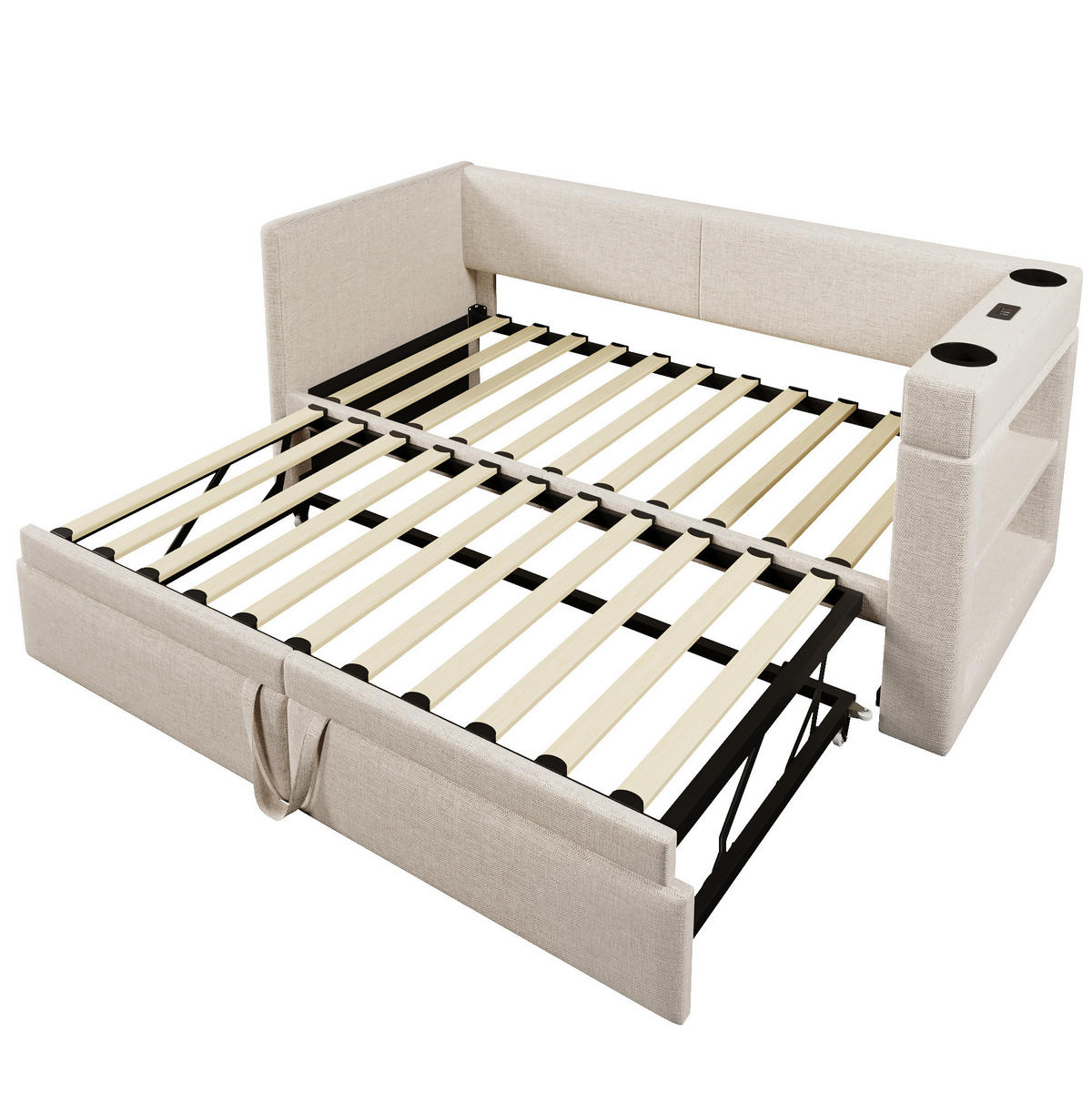 DAYBED 90/200 cm bež od pamuka i lana s izvlačnim ležajem i USB punjenjem - bež, tekstil (90/200cm) - OKWISH
