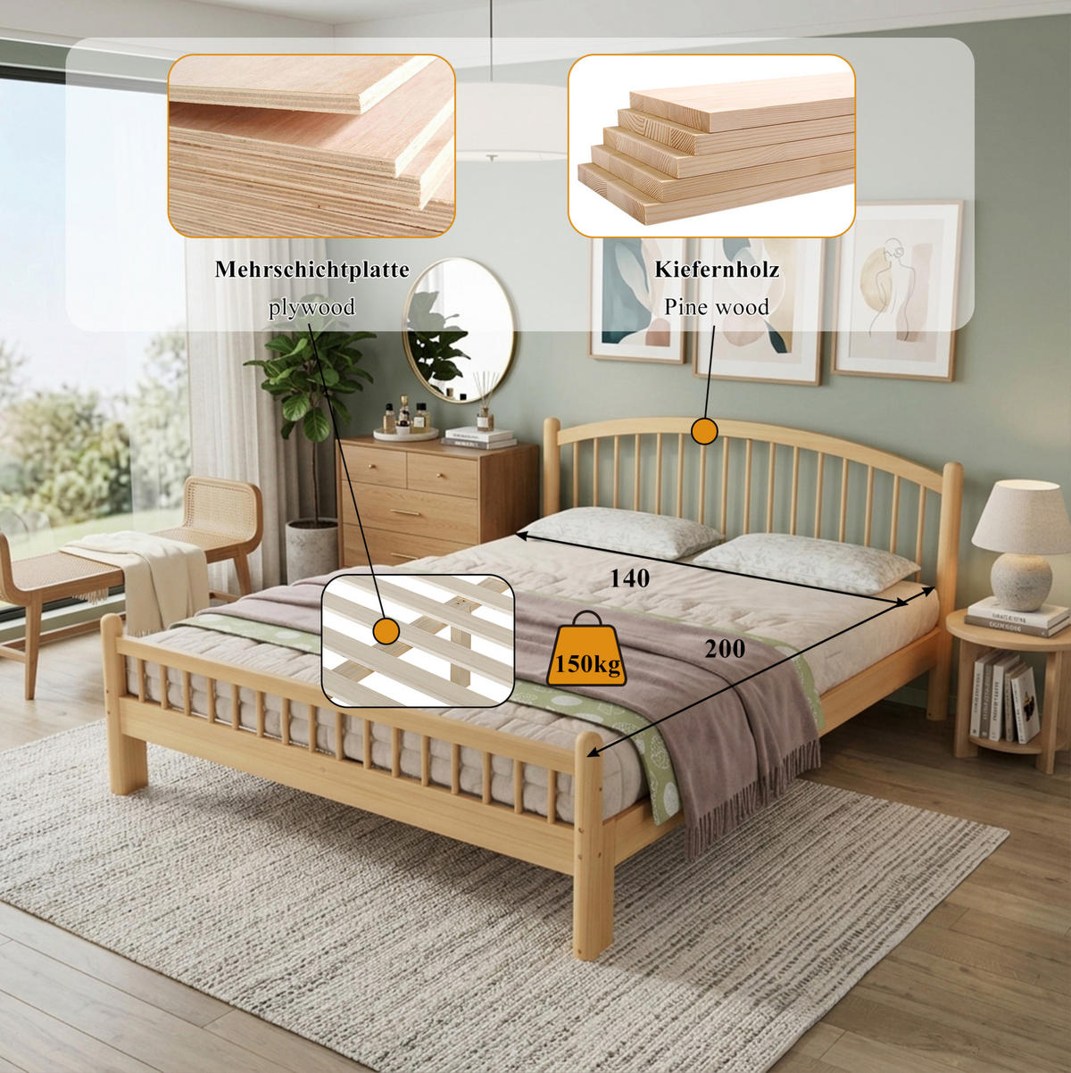 EINZELBETT aus Kiefernholz 140x200 cm Beige/Natur mit Lattenrost - Beige, Holz (140/200cm) - IVMEU
