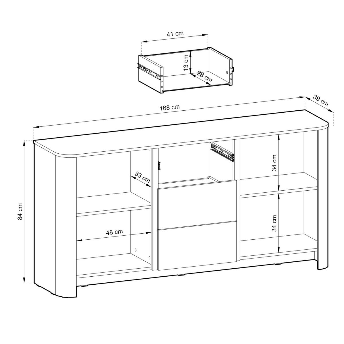 SIDEBOARD AMOS KOM2-2D3S Abgerundeter Korpus, Eiche - Eichefarben, Holzwerkstoff/Kunststoff (168/84/39cm) - Komodee