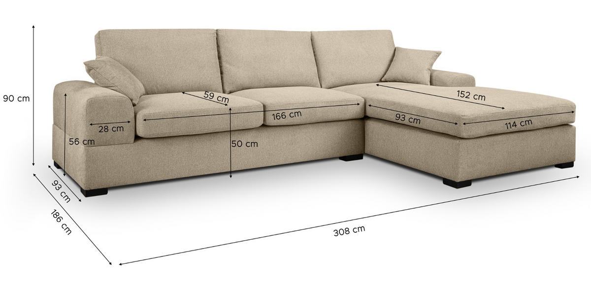 SOFA beige Strukturstoff 308 cm, Ecksofa 5-Sitzer, L-Sofa Ottomane rechts - Beige/Schwarz, Holz/Textil (308/186cm) - Inn.Furn
