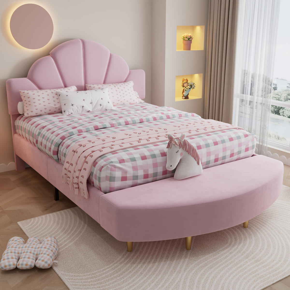 SAMT-POLSTERBETT 140/200 cm in Rosa mit gepolstertem Kopfteil und Bettbank - Rosa, Textil (140/200cm) - BEAOK