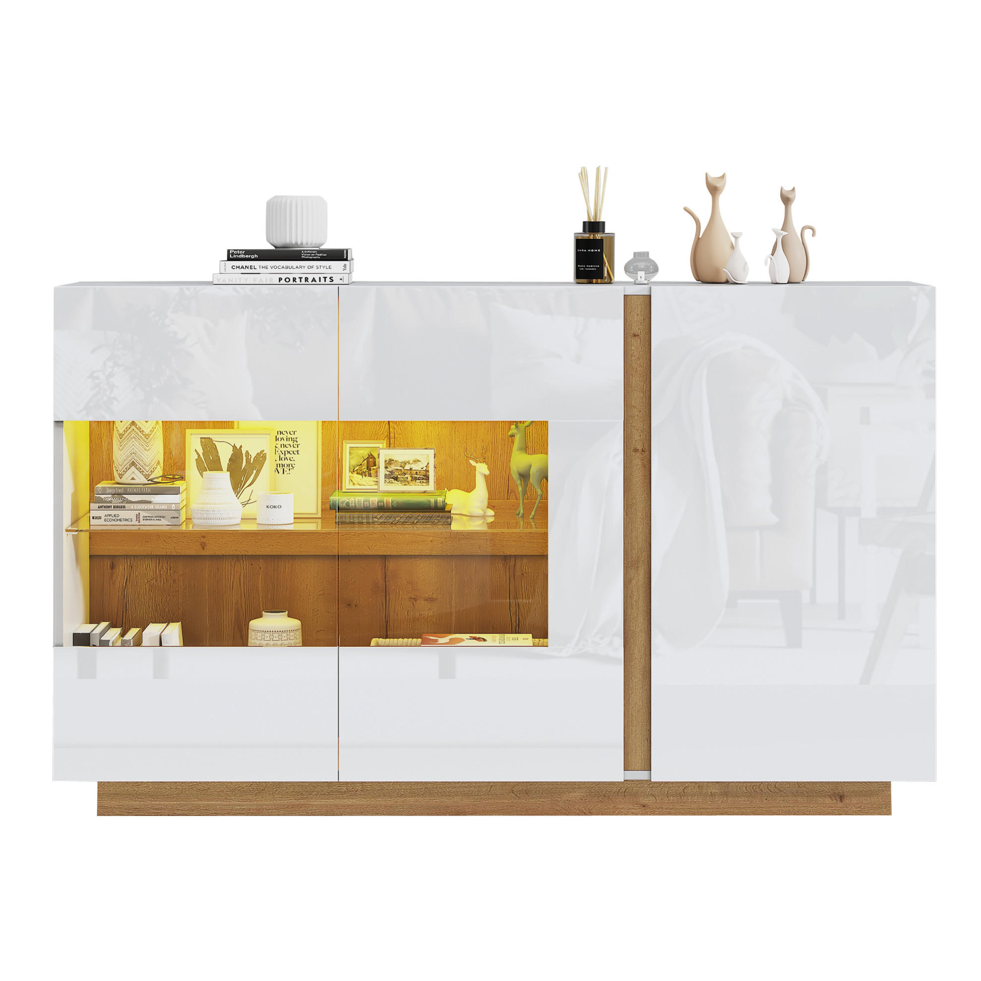 SIDEBOARD 138/38,5/90,5 cm in Weiß Hochglanz mit 3 Türen und LED-Beleuchtung - Weiß, Holzwerkstoff (138/90.5/38cm) - Flora Grace
