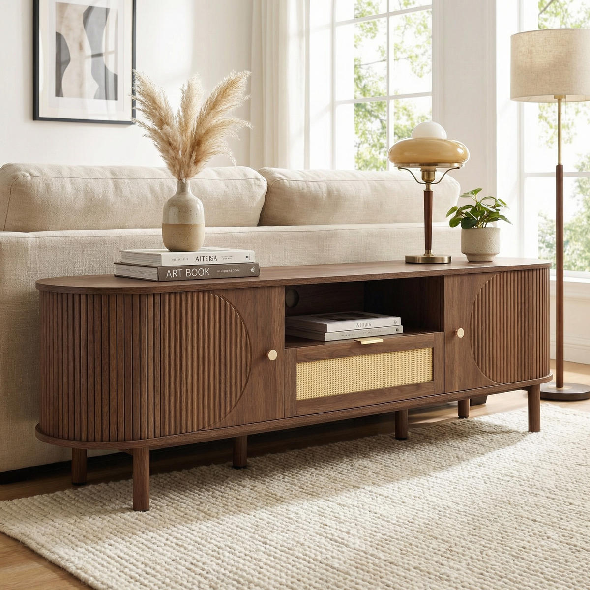 TV-SCHRANK 175 cm Nussbaum MDF mit Rattan-Schublade, offenen Fächern und Runddesign - Walnussfarben, Holzwerkstoff (175/51/36cm) - Urban Meuble