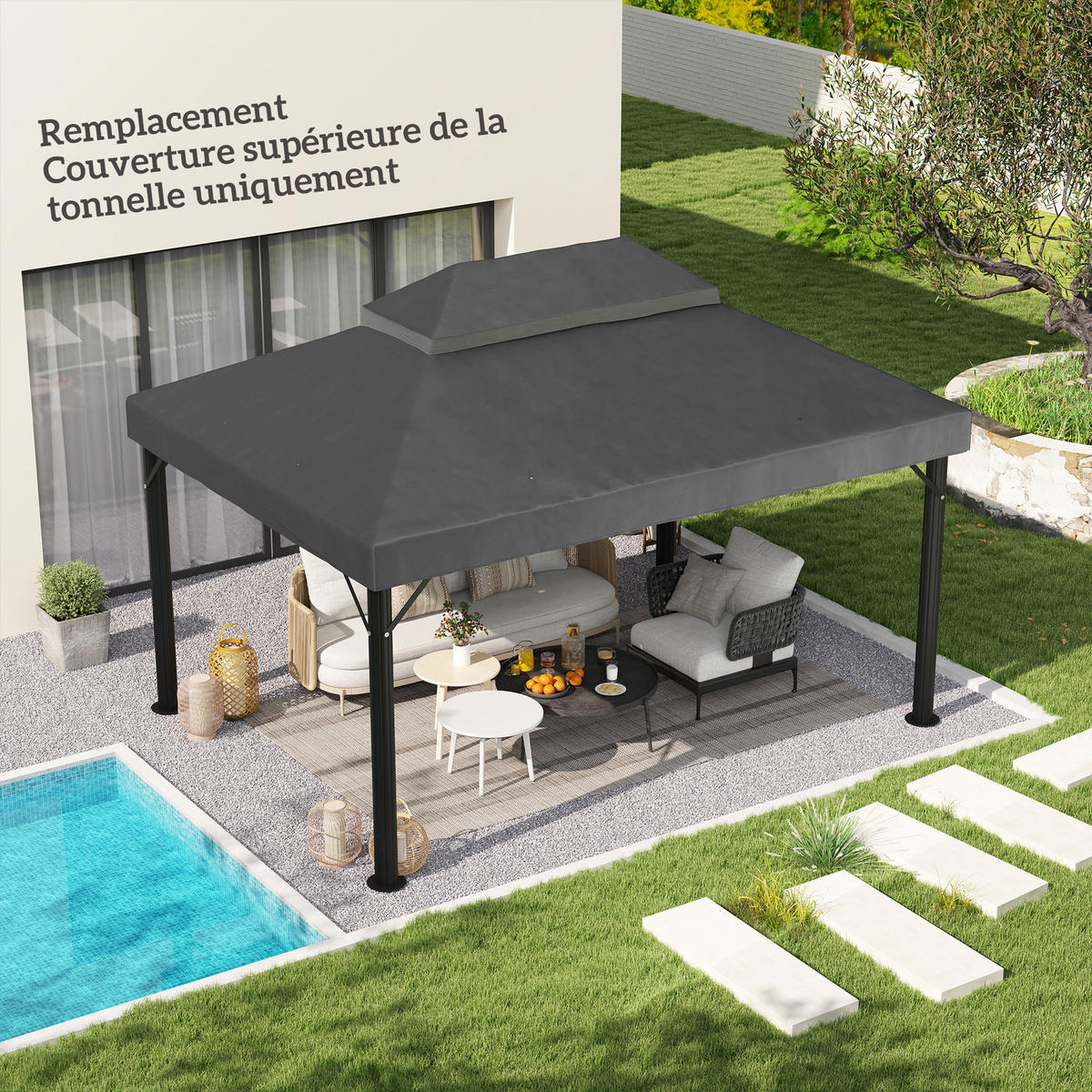 ERSATZDACH, 4x3 m für Pergola, Doppeldach, Polyester 370 g/m², grau, Ablauflöcher - Multicolor, Textil (400/300cm) - FORIOUS