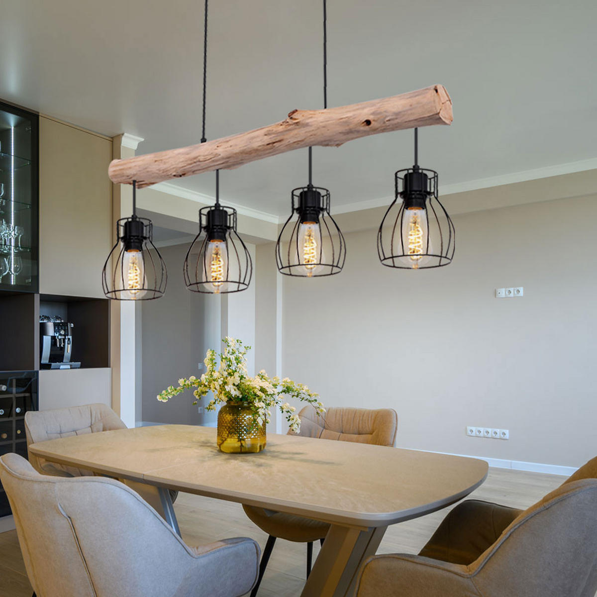 HÄNGELEUCHTE Holz Schwarz Käfig Design - Schwarz, Holz (82.5/13.6/140cm) - Globo Lighting