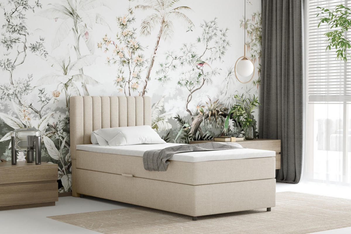 BOXBETT Everest 90 x 200 cm Einzelbett mit hochwertiger Bonell-Matratze und Topper - Beige, Holz (90/200cm) - Panda Möbel