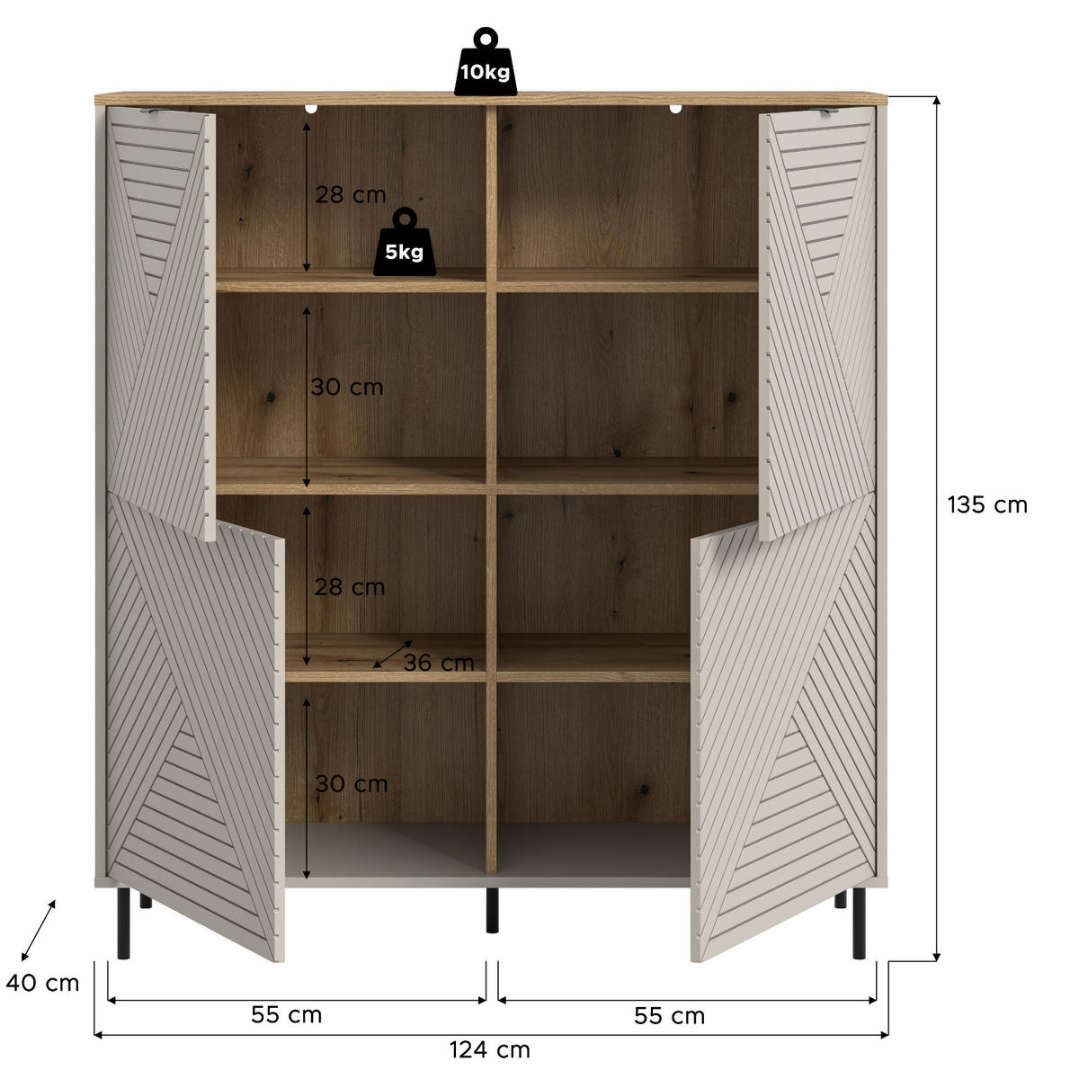 HIGHBOARD Kaschmir, Evoke Eiche 124 x 135 cm, Kommode in modernem Design - Kaschmir/Eichefarben, Holzwerkstoff/Metall (124/135/40cm) - Inn.Furn