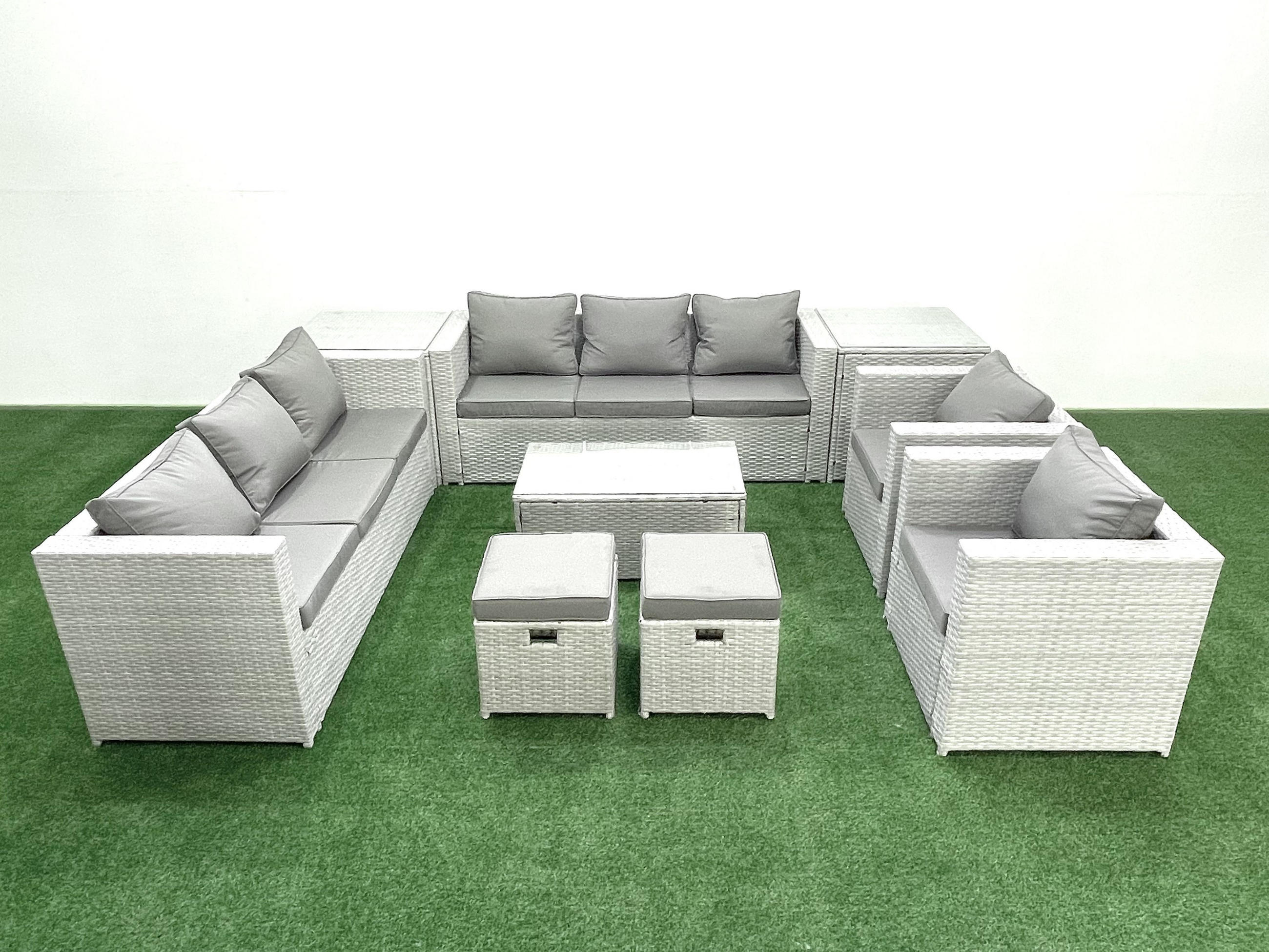 GARTENGARNITUR mit 3-SITZER SOFA,COUCHTISCH Polyrattan Hellgrau-Mix 10-Sitzer - Hellgrau/Grau, Glas/Kunststoff - Fimous