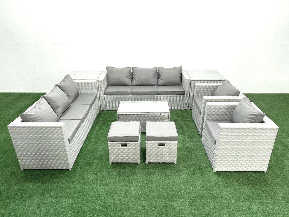 GARTENGARNITUR mit 3-SITZER SOFA,COUCHTISCH Polyrattan Hellgrau-Mix 10-Sitzer - Hellgrau/Grau, Glas/Kunststoff - Fimous