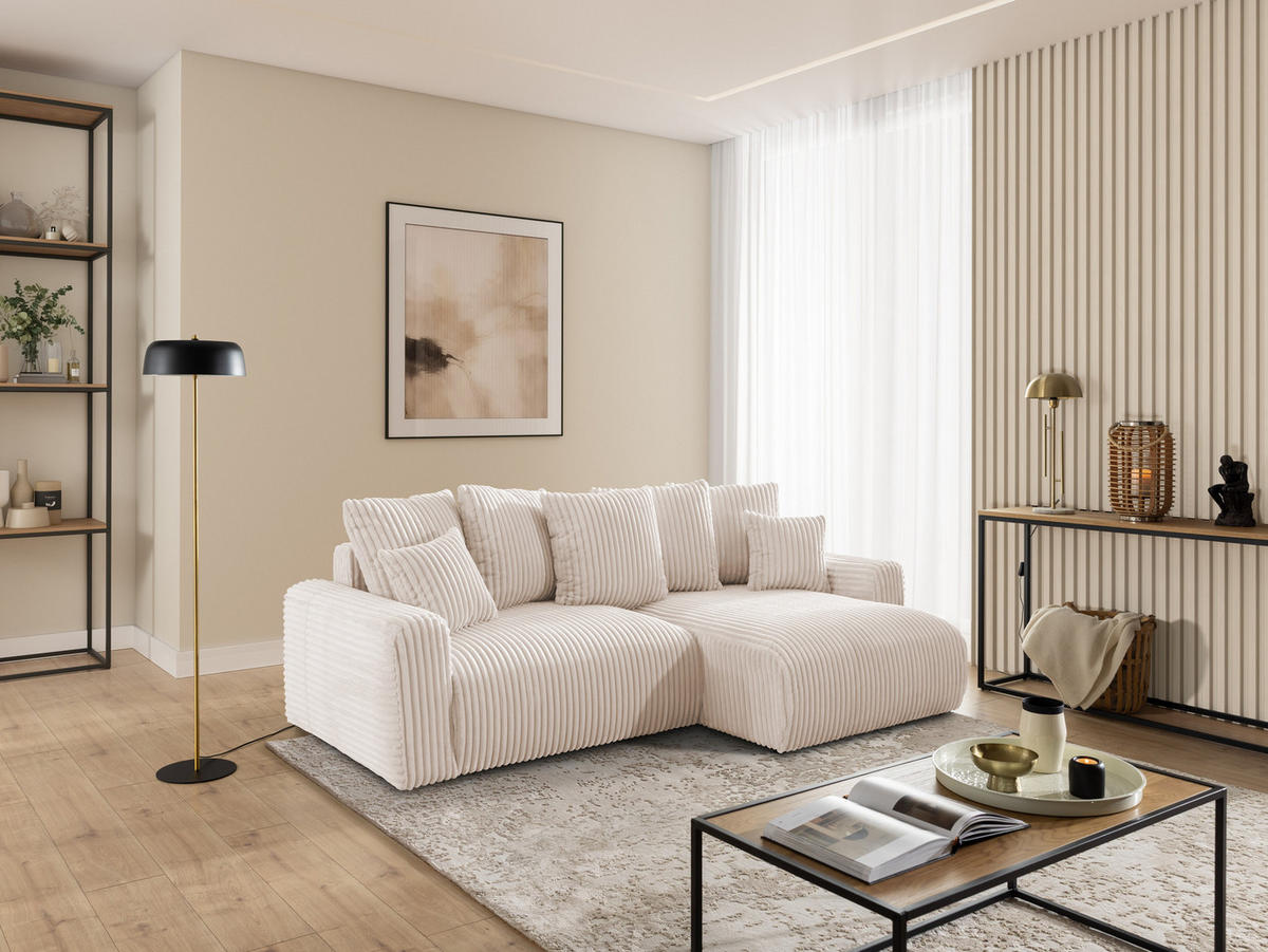 ECKSOFA Calma mit Schlaffunktion und Bettkasten im Bumpy-Design aus weichem Beige Plüschcord - Ottomane rechts - Beige/Schwarz, Holz/Kunststoff (140/239cm) - S-Style
