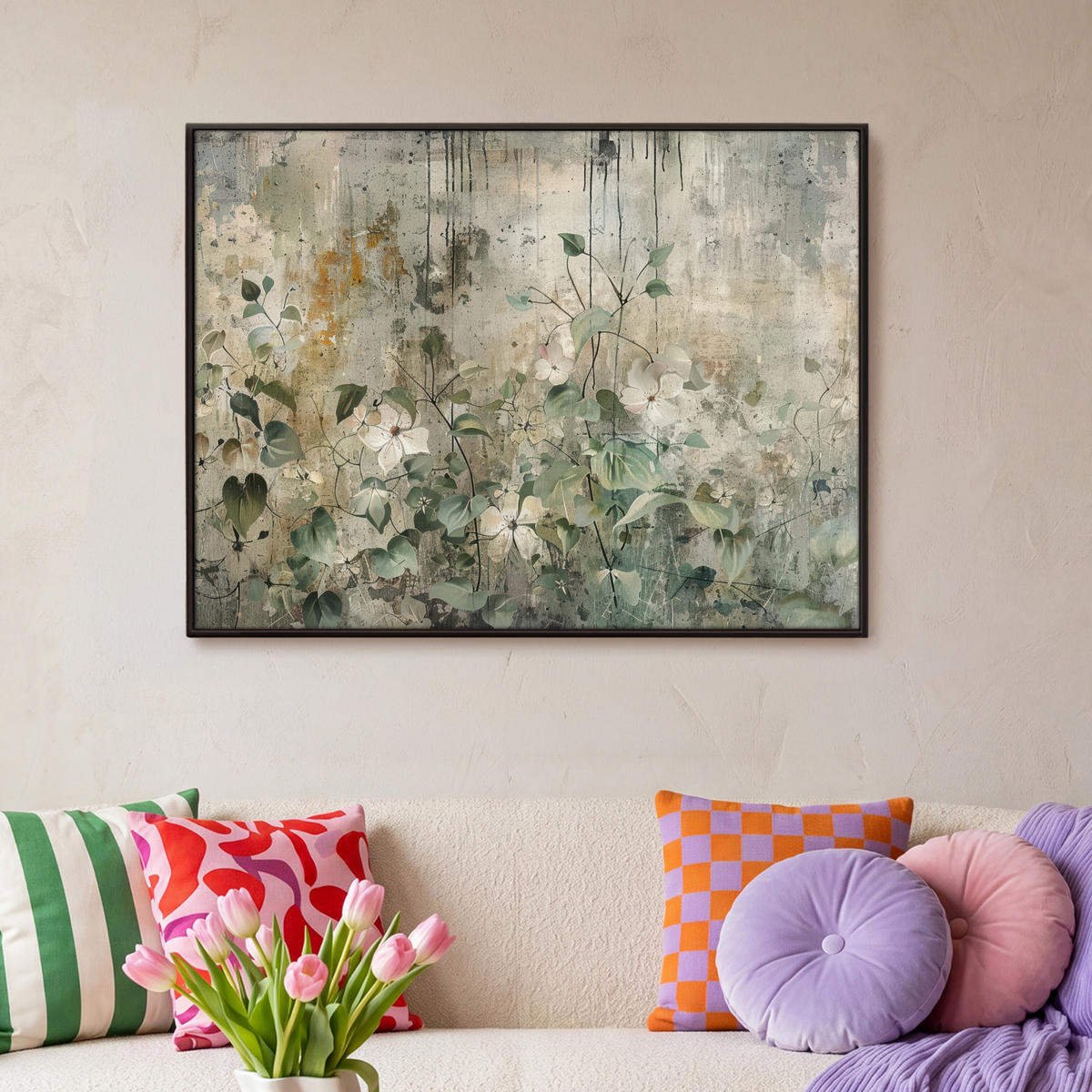 LEINWAND Bilder mit Rahmen - Blumen - Blätter - Abstrakt - Modern - 100x70 - Grau, Textil (100/70cm) - MuchoWow