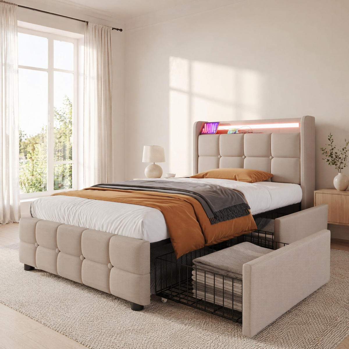 POLSTERBETT 90/200 mit LED, USB-Anschlüssen und Schubladen in Beige - Beige, Holzwerkstoff/Textil (90/200cm) - EVRYAE
