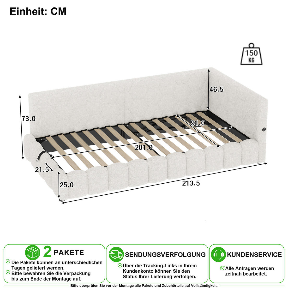 SCHLAFSOFA 90/200 cm in Weiß mit Bettkasten, LED und USB aus Vliesimitat - Weiß, Holzwerkstoff/Textil (90/200cm) - CHICFURN