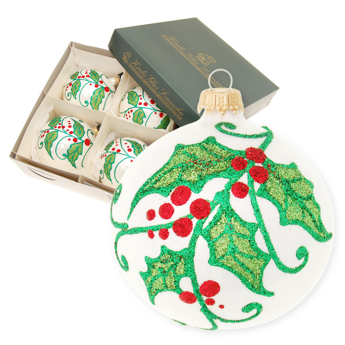 CHRISTBAUMKUGELN Ilex-Blätter Weiß 10cm (Glas / 4 Stk.) - Weiß, Glas (10/10/10cm) - Krebs Glas Lauscha