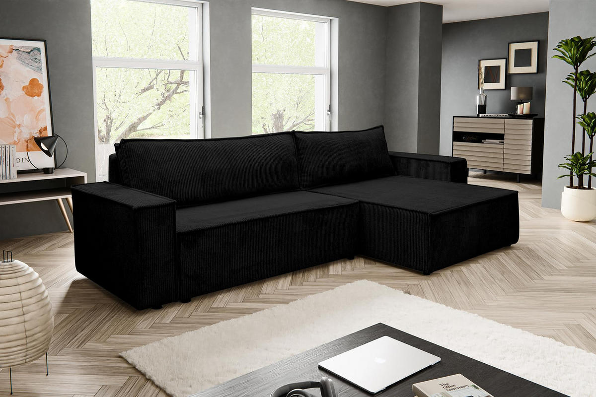 ECKSOFA HUGO XL Schlaffunktion und Bettkasten Cord-Stoff (Schwarz) - Schwarz, Textil (274/142cm) - VENASI MÖBEL