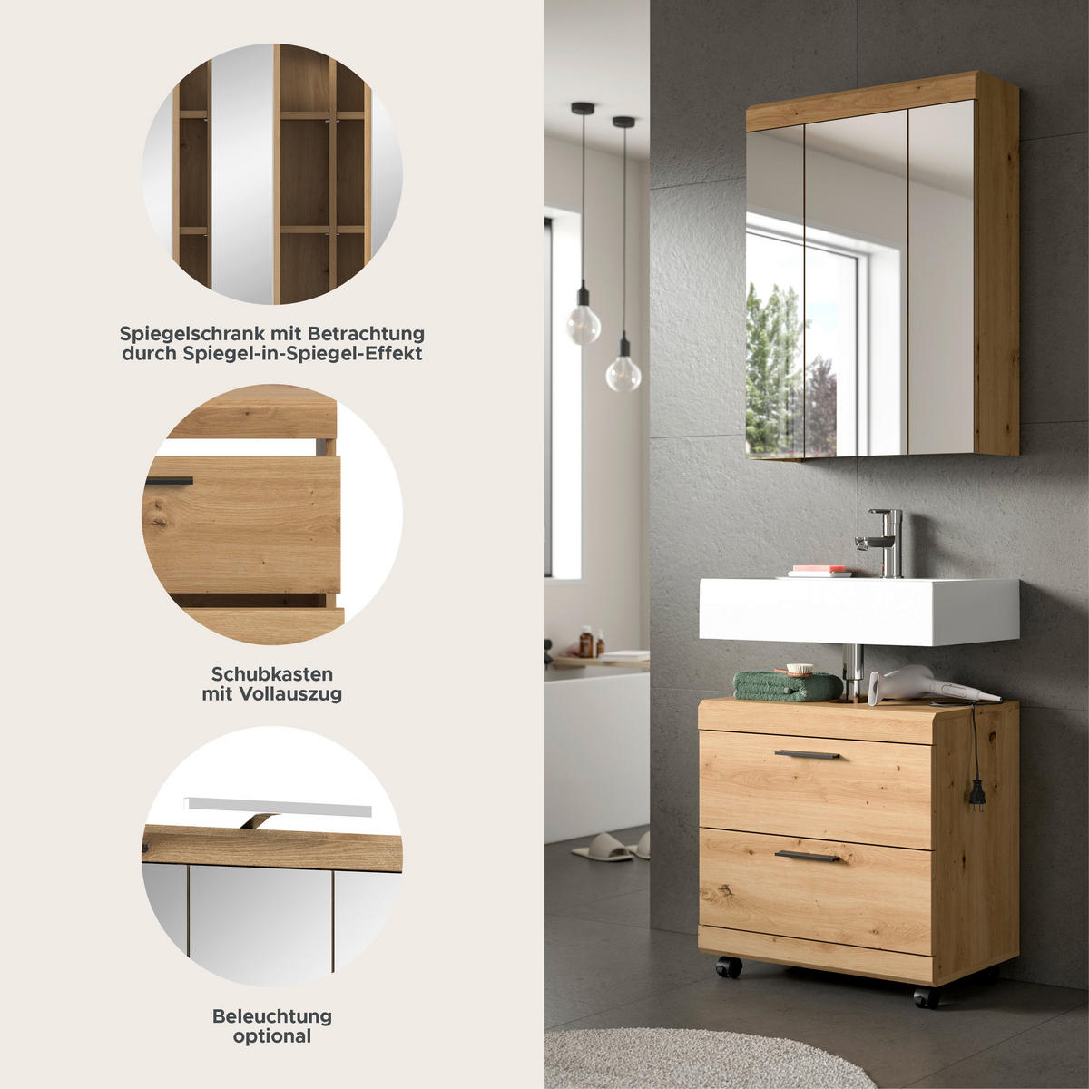 BADEZIMMER Vento 3-tlg. (B/H/T: ca. 60/191/34 cm) in Artisan Eiche /Artisan Eiche - Eiche Artisan, Holzwerkstoff (60/191/34cm)