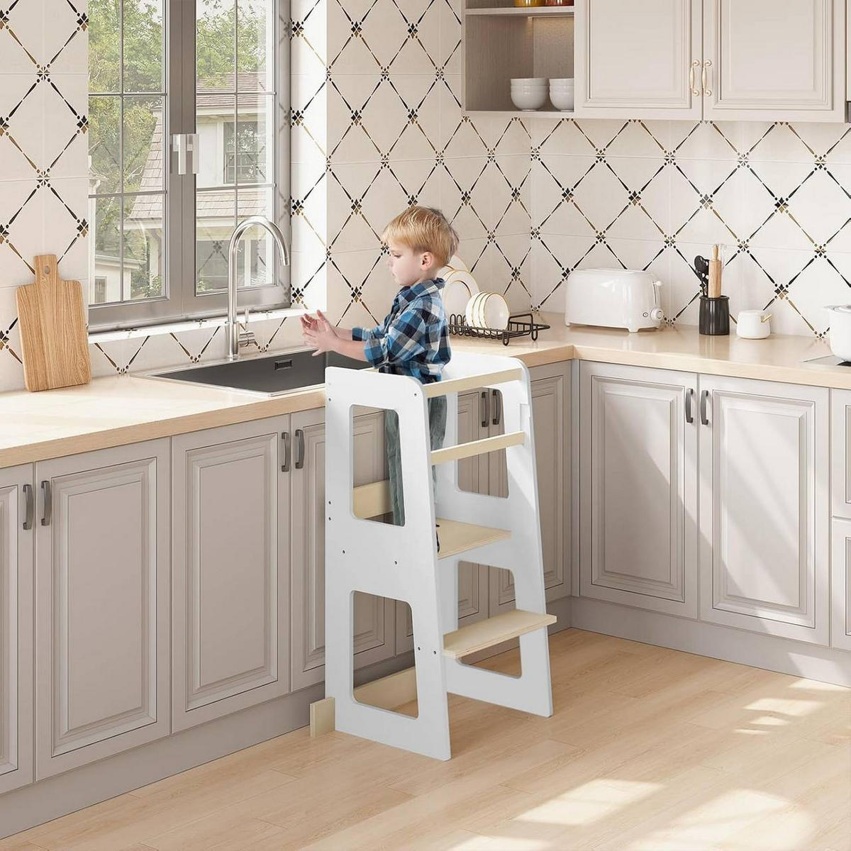 LERNTURM für Kinder ab 1 Jahr, Massivholz MDF, Weiß - Weiß/Naturfarben, Holz/Holzwerkstoff (59/90/41cm) - Woltu