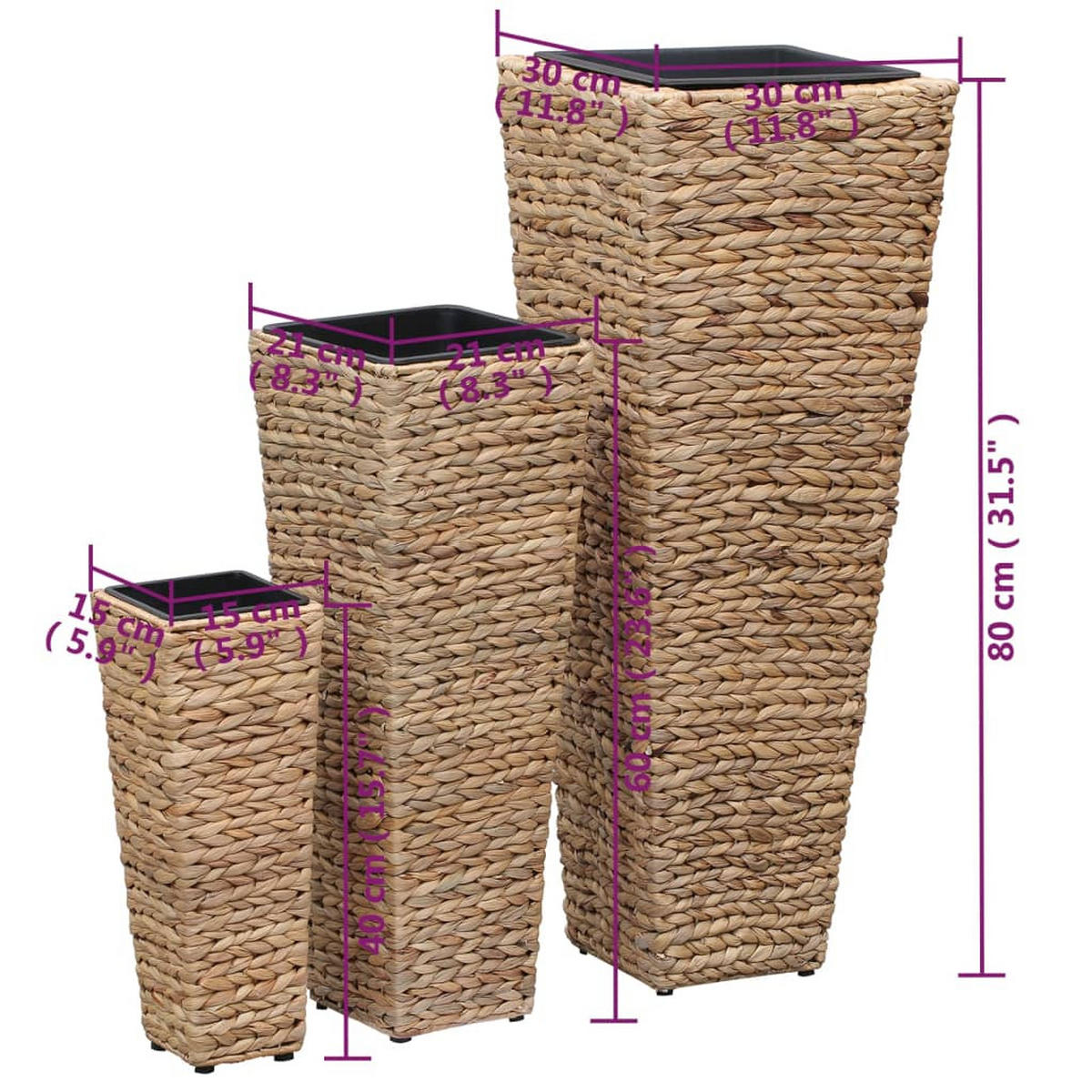 BLUMENKÜBEL 3er Set Wasserhyazinthe Braun - Braun, Naturmaterialien (30/80/30cm) - vidaXL
