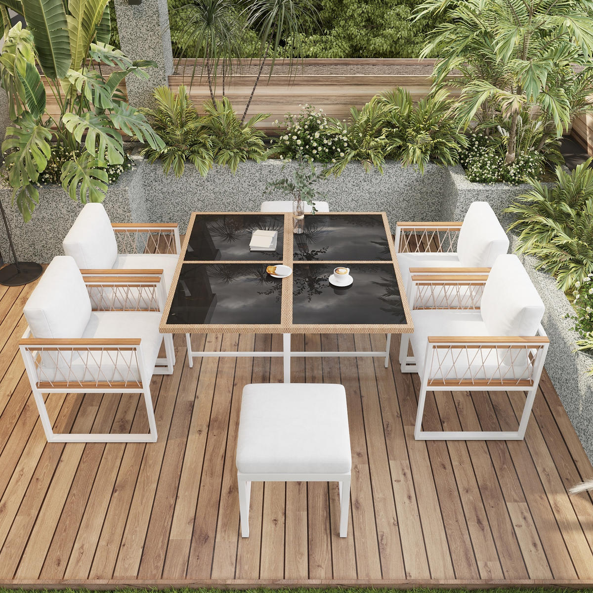 GARTENSET 7 tlg 6 Personen Tisch Stühle - Weiß, Metall - LEBENLANG